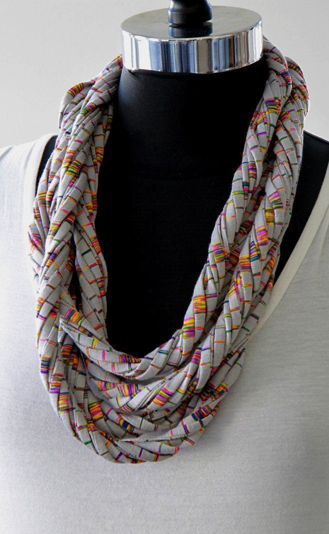 Grey Multi-Color Scarf Necklace with Stripes for Women