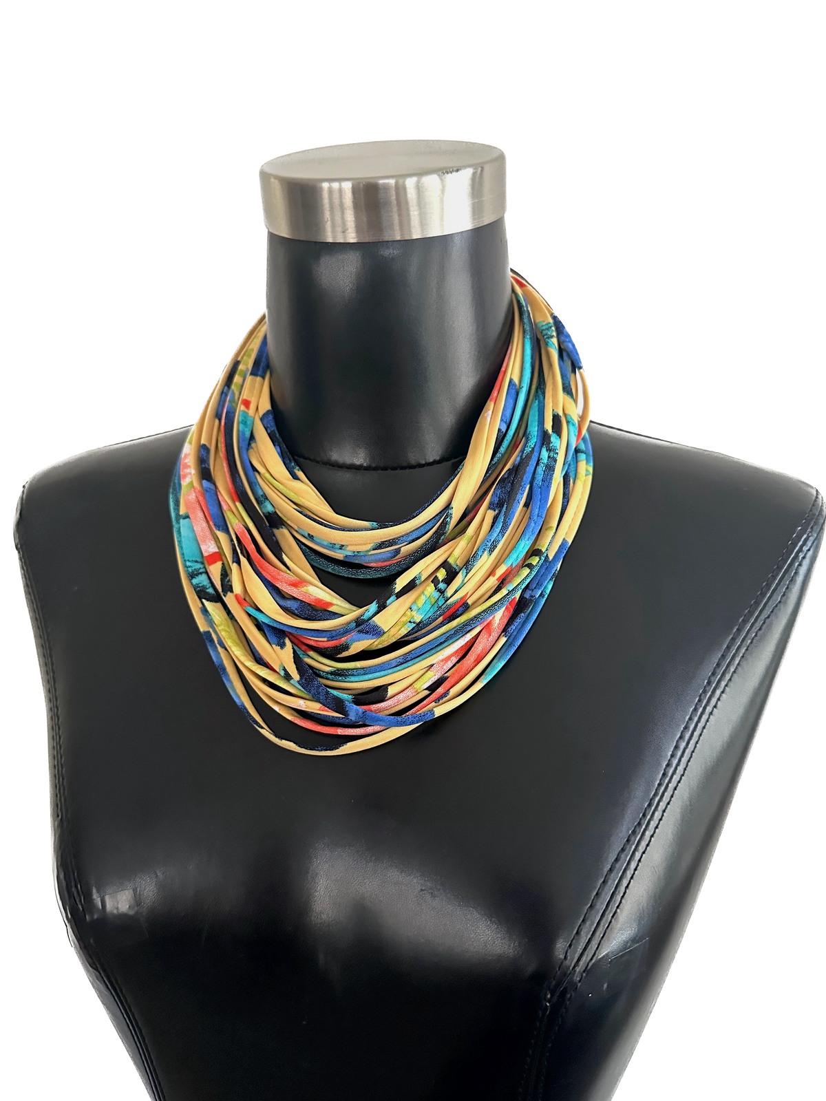 Yellow Floral Print Scarf Necklace with Coral, and Blue- &#39;Paradise&#39;