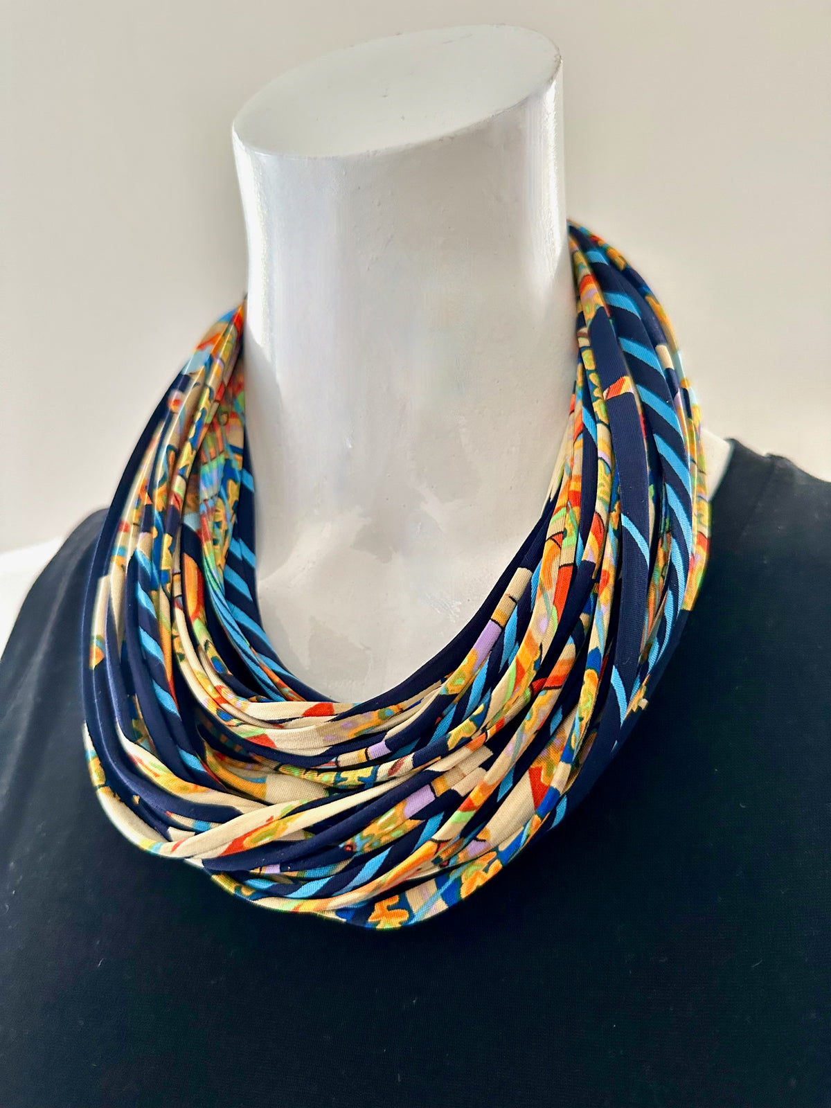 Navy Blue and Yellow Infinity Scarf Necklace