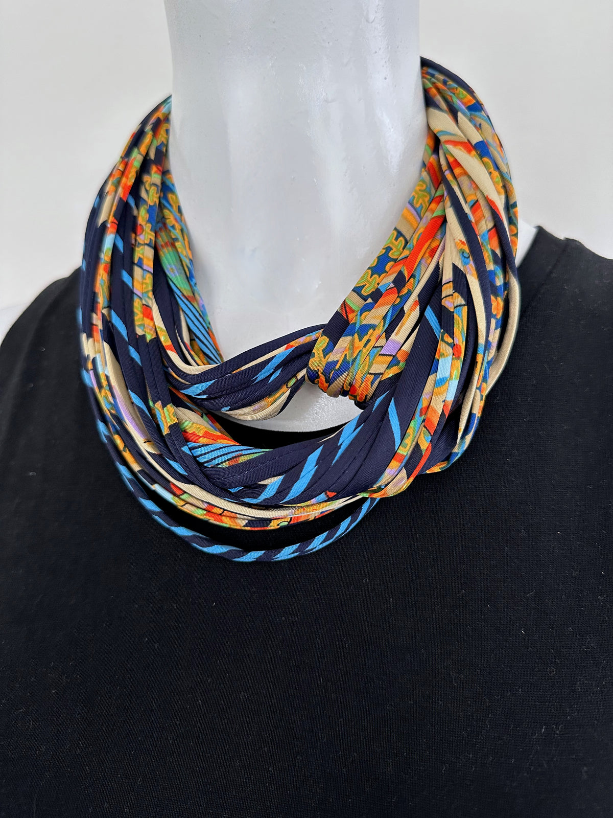 Navy Blue and Yellow Infinity Scarf Necklace