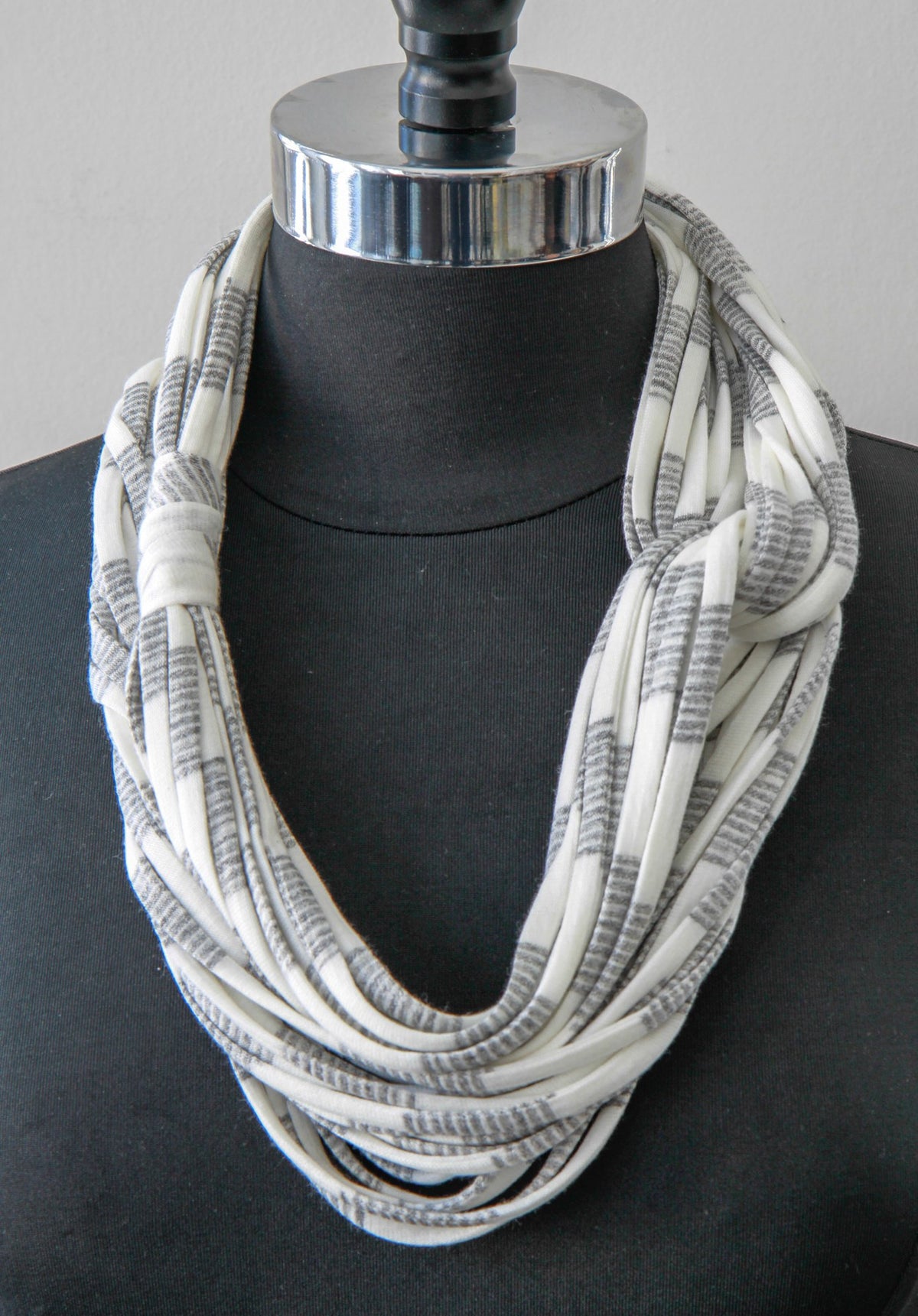Cowl Scarf in White with Gray Stripes 